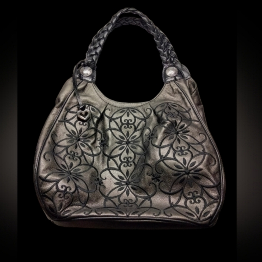 BRIGHTON Pewter & Black Florencia Embroidered Floral Shoulder Bag